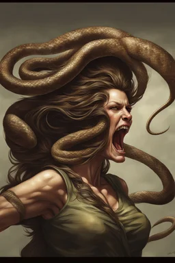 A detailed image, a female snake head instead of hair, screams