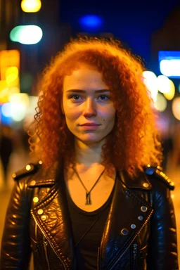 Young woman, curly hair, redhead, green eyes, freckles on face, looking confident, wearing a black belted perfecto leather jacket with leather epaulettes, wearing black leather trousers, wearing black choker, portrait at night, in a crowded metropolis