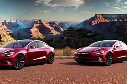 A Tesla 'Model Y' is parked, in the 'Grand Canyon National Park'. (CINEMATIC, WIDE ANGLE LENS, PHOTO REAL)