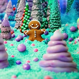 a gingerbread forest made of vibrant candy and frosting, rainbow sprinkles, blue pond, pastel cotton candy, 8k resolution, centered, high-quality, ultrafine-detail, digital art, detailed matte, volumetric lighting, illustration, 3D octane render, brian froud, howard lyon, greg rutowski, George Grie