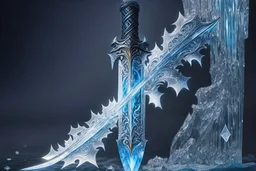 A fantasy greatsword that is a slender, translucent blade made of ice. Its hilt is crafted from swirling vines, leading to a vibrant crystal at the pommel. With a black background behind it. HD