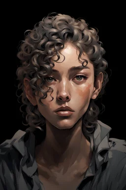 Portrait of a young female with long curly bangs covering her forehead. Include gray eyes, with a tan skin complexion. Draw the portrait in the style of Yoji Shinkawa.