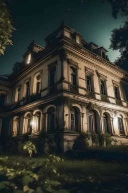 phantasmagoric cinematic photo of abandoned old mansion without camera zoom night camera filter