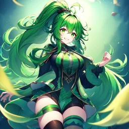 girl, masterpiece, best quality, volumetric lighting, detailed outfit, perfect eyes, long hair, green hair, green eyes, beautiful lighting, vibrant colors, smiling, thigh highs, ponytail, messy hair,