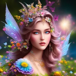 bright fairy, beautiful portrait, flowery landscape