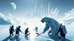 buster keaton as unstable polar growlar bear on the planet of Ceres, with some penguins with rocket backpacks playing hockey on frozen lake with astronauts, in front of ice megapolis