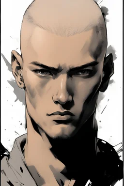 Portrait of a young male with a buzzcut, tan skin color, drawn in Yoji Shinkawa style, black and white with a gray background.