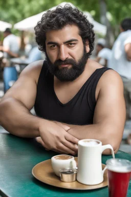 half figure photography of an ugly turkish barman servicing one coffee at the table, big chubby shirtless short beard short hair, mainly chest very hairy 25 years old man, in a public park of Istambul , sunny day, sweat, wet, big shoulders, angry eyes, photorealistic