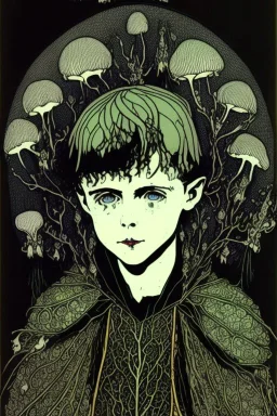 7 year old boy, friendly, looks dead, with weird mushrooms growing out of him, wearing black robes, in the style of Harry Clarke