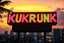 A 1980 disco sign labeled "KUKRUNK" bold multi colored 80s font, miami vice background skyline, sunset