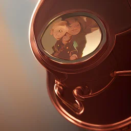 The reflection of a child on the surface of an old copper teapot