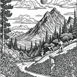 Outline art for coloring page with a cute mountain landscape white background, sketch style, only use outline, clean line art, white background, no shadows, clear outline reprezentand o imagine pe tema halucinatiilor provocate de droguri , cu culori primare tari, fantezie de înaltă definiție calitate clară, stiluri de Utagawa Hiroshige, Paul Klee Dee Nickerson și Tim Burton, acuarelă topită și contururi de cerneală neagră pe hârtie umedă, linii moi, umbrite