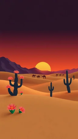 Mysteries of the Desert Mobile Wallpaper. Sand dunes, cacti blooms, paper art, 3D illustration, sunset orange, twilight purple, stillness, waxing crescent, stars peeking, camels, oasis mirage, solitude, dusk's warmth, sandy texture, depth, desert fortress, arid elegance, layered paper, artful, serene night, minimalism, eastern