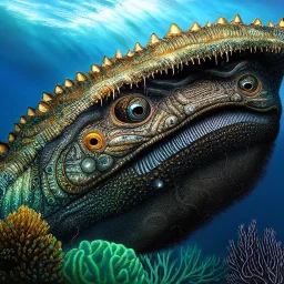 ultra detailed fullbody portrait of Sea monster underwater, extremely detailed digital painting, intrincate, extremely detailed face,crystal clear Big eyes, in the style of Ian Miller, mystical colors , perfectly centered image, perfect composition, rim light, beautiful lighting, 8k, stunning scene, raytracing