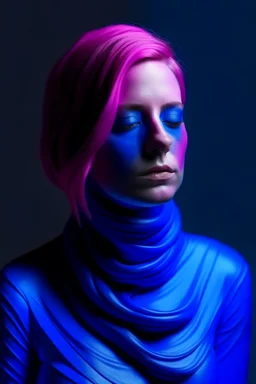 woman face in indigo rubber effect in all body with pink rubber effect hair with closed eyes