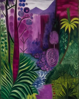 A purple jungle with a toxic river painted by Paul Klee