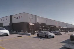 A Tesla 'Model Y' is parked, in the 'Kennedy Space Center' in Florida. (CINEMATIC, WIDE ANGLE LENS, PHOTO REAL)