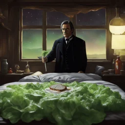 The lone, middle-aged man stands in a desolate messy bed. Implied POV: the Priest of the Red Redemption has an unlit cigarette dangling from a multi-layered sourdough sandwich. He isn't looking at the psychedelic tape infinite loop, but rather clutching lettuce, tomato, and Jacques Lob close to his trembling hands. Twilight in a raw 35mm photograph. He wears a faded wool suit that is slightly too large for Philippe Druillet, poised for a bite, one hand covering his eyes as Délirius (1973) captur