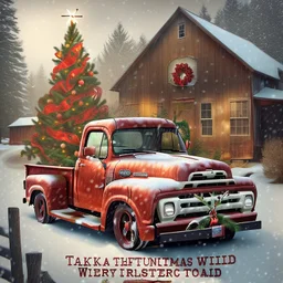 old vintage red Ford pickup truck with decorated Xmas tree in bed of the truck.. In the background is a weathered barn. Snow is falling. Mood is festive. "Take a little Xmas with where ever you go" is written on bottom.
