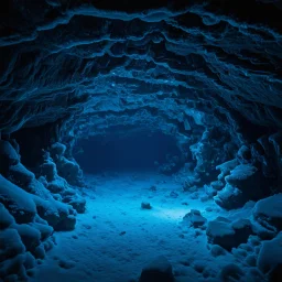 a dark frozen underwater cave, ice crystals, dimly lit