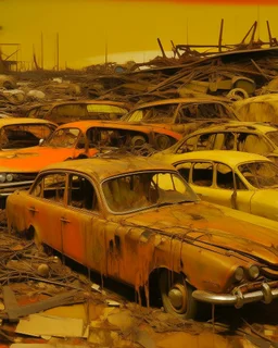 A yellowish orange mechanical junkyard painted by Edvard Munch