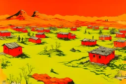 An orange colored Chinese village in a wasteland painted by Andy Warhol