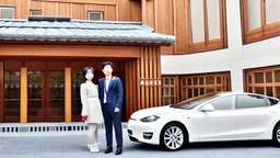 A Tesla's 'Model S Plaid' is parked, inside the 'Everland Resort', in South Korea. CINEMATIC. WIDE ANGLE LENS.