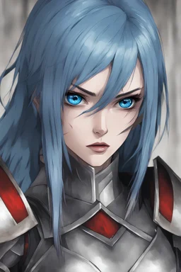 a beautiful woman wearing armor, looking at the camera, angry, blue eyes, blue hair, armor with gray and red colors, inside an ancient castle, anime art, anime artstyle, close up, a bit of blood on his face, longe hair, furious expression, agry eyebrows, kazuma kaneko artstyle