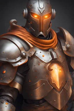 A warforged cleric, with orange eyes, wearing bronze knight armor, medieval style, dungeons and dragons, with a mouth hole