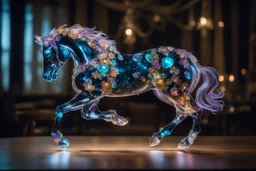 night, dark room, bioluminescent Coloured glass dynamically jumping horse set with gemstones, glittering metal stems and gemstone leaves on a room table sharp focus elegant extremely detailed intricate very attractive beautiful dynamic lighting fantastic view crisp quality exquisite detail gems and jewels S<AI Weight:1 Professional photography, bokeh, natural lighting, canon lens, shot on dslr 64 megapixels sharp focus Weight:0.9