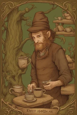 In the bustling Green Dragon inn, the hobbit barista worked tirelessly, though a smile never left his hairy face. For he possessed a deep and unusual love, even for a hobbit - his love was for the coffee bean. All around, the regular patrons of the inn shared in his passion. Groups of hobbits laughed and talked of roasts and varietals, debating which grew the plumpest or held the richest flavors. The air was thick with their enjoyment, the aroma of freshly brewed pots. Behind the counter, the ba