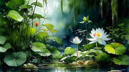 Tropical swamp with dark water covered in giant water lilies, a white heron walking among the plants, low fog and warm humid air., (luminous watercolor painting:1.4), (transparent pigment washes:1.3), wet-on-wet soft edges, granulating pigment texture, (visible cold press paper texture:1.3), delicate color blooms, dreamy atmospheric quality, botanical or landscape subject, 8k scan, (watercolor:1.4), masterpiece fine art, (expressive charcoal drawing:1.4), bold gestural strokes, (smudged atmosphe