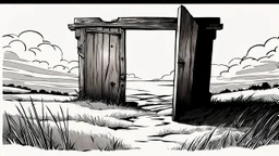 broken wooden door, anime, monochrome, black background, ink, simple, maximum quality, broken hinge, barely functioning, centered on frame, far view, in the middle of a grassy hill, white sky with cumulonimbus