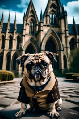 A one-eyed pug with Harry Potter in front of Hogwarts. Movie style.