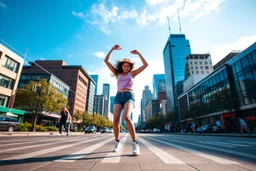 modern city wide street,pretty city scape at background ,blue sky nice cloudes, young beautiful ladys hip-hop dancing