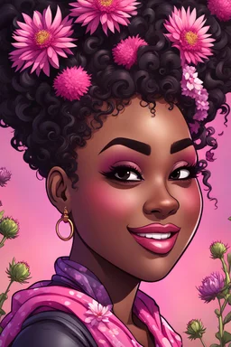 Create a comic book cartoon art style image of a curvy black female looking down with a smile on her face. Prominent makeup with hazel eyes. Highly detailed messy curly bun with a hair scarf on her head with large pink knapweed flowers surrounding her. 2k