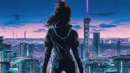 Clear Focus, High resolution, Beautiful girl standing backwards to a Cyberpunk skyline, comic style
