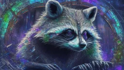 Graffiti trash panda; neo-surrealism dystopian eldritch elegant fantastical intricate hyperdetailed holographic magnificent meticulous mysterious ominous