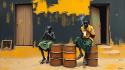 minimalist acrylic impasto painting of two skinny tall young black Somali neighbors sitting on rusty oil barrels drinking steaming coffee, wide angle, dynamic crude brush strokes, dusty yellow heat mood, peaceful vibe, tribal vibe, amazing reflections, amazing verticals, great parallels, warm shades of yellow, orange, green and black with sparse deep red leaks, afrofuturism, vibrant nighthawk people on a black wall, rusty village decay, arafed doors