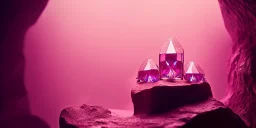 single pink crystal, on an altar in a foggy cave, cinematic,