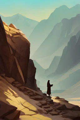 Moses stands on a mountain and holds a wooden staff, at his feet are fragments of stone tablets on which the 10 commandments were written, and below is a valley with the cities of Palestine of sands, tents and mountains. There is a silhouette of God in the sky. Everything is painted in watercolor
