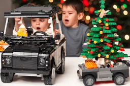 A crying toddler takes a burning car out of a LEGO box marked Land Rover next to the Christmas tree.