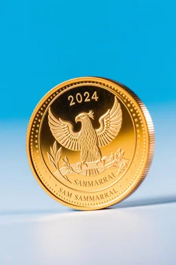 view of word , SAM SAMARRAI 2024, on the edge on the gold coin ,with picture of an eagle in the middle of the coin.