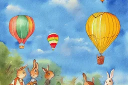 whimsical postcard with watercolor of a hot air balloon, children's book illustration, peter rabbit