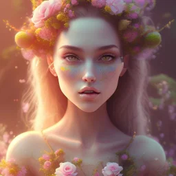 flower beautiful girl,utra realistic,highly detailed, sharp focus, parallax flowers, honeybee, fantasy art, Special Lighting, Vibrant, Solid color,color Scheme, forest, movie poster