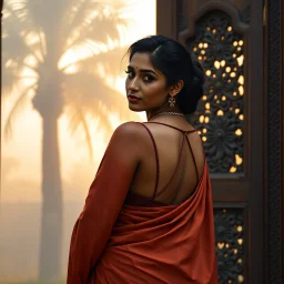 A divine South Asian woman stands in quiet grace, draped in a designer saree of earthy clay tones, evoking the warmth of Bengal soil. Her modern blouse features a deep back cut and minimalist straps, blending tradition with contemporary elegance. Her teary eyes shimmer with emotion, her serene face framed by soft curls and a subtle bindi. Behind her, a carved wooden door with intricate floral and geometric patterns glows in the misty golden light of Diwali. A tall palm tree looms through the fog