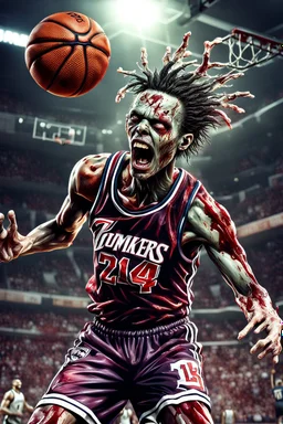 13k, highly realistic and detailed image of a zombie as a NBA basketball player in action dunking the ball in the net, sweaty hair, screaming look,action and explosive background