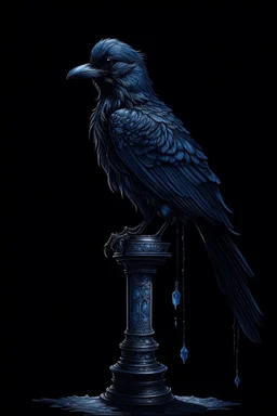 on an old black lamppost, a blue crow is sitting,a golden greenish suspension,diamond dust, on a black background, macrodetalization, carved,filigree drawing of a drawing,fiction,surrealism, hyperdetalization, aesthetically pleasing, beautiful,ink and colored marker drawing, sharpness,1024 k, octane, depth of field