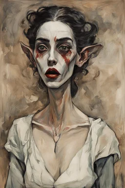 Painting of a savage Nosferatu vampire girl, in the Expressionist style of Egon Schiele, Oskar Kokoschka, and Franz Marc, in muted natural colors