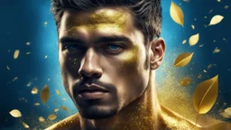 Surreal Portrait of Brutal Male Athlete, Calm background in muted gradient, volumetric lighting, Leaf Gold, Golden fragments, Glitter, glare, glow, serene and mysterious aura, Surrealism, Impasto, textured, shades of Blue, Yellow, 3D, 8K, best quality, fine rendering, high detail, hyperrealism, high resolution, high definition, multi-layered, hyperfocus, abstract vector fractal, wave function, Zentangle, 3D shading,